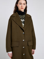 Proenza Schouler Detail image of model wearing Tammy Coat in Double Face Wool in Fatigue