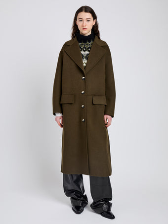 Proenza Schouler Front full length image of model wearing Tammy Coat in Double Face Wool in Fatigue