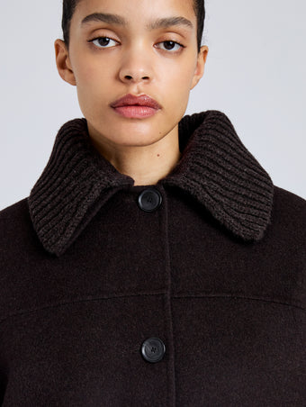 Proenza Schouler Detail image of model wearing Lisa Coat in Double Face Wool in Hickory