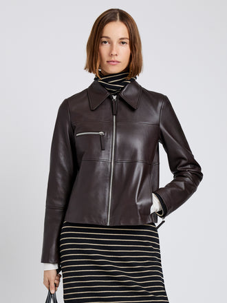 Proenza Schouler Front cropped image of model wearing Annabel Jacket in Leather in Chocolate