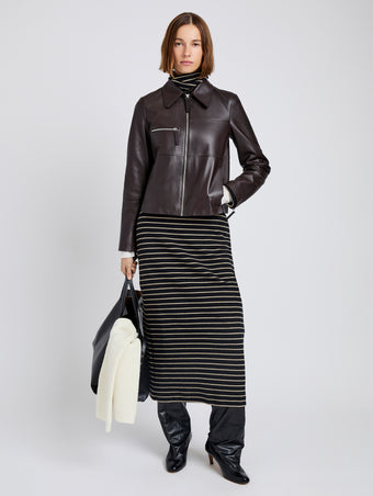 Proenza Schouler Front full length image of model wearing Annabel Jacket in Leather in Chocolate
