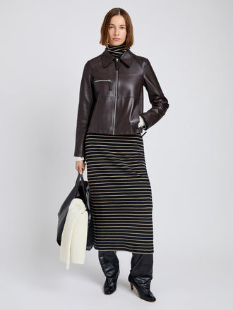 Proenza Schouler Front full length image of model wearing Annabel Jacket in Leather in Chocolate
