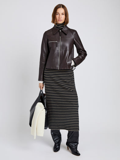 Proenza Schouler Front full length image of model wearing Annabel Jacket in Leather in Chocolate