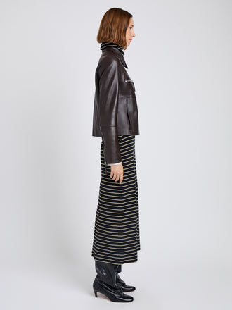 Proenza Schouler Side full length image of model wearing Annabel Jacket in Leather in Chocolate
