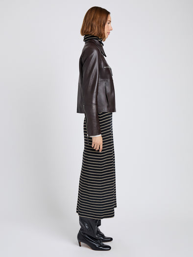 Proenza Schouler Side full length image of model wearing Annabel Jacket in Leather in Chocolate