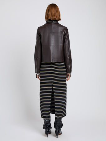 Proenza Schouler Back full length image of model wearing Annabel Jacket in Leather in Chocolate