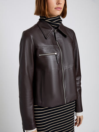 Proenza Schouler Detail image of model wearing Annabel Jacket in Leather in Chocolate