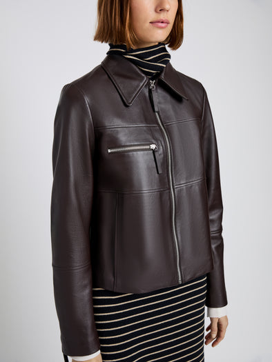 Proenza Schouler Detail image of model wearing Annabel Jacket in Leather in Chocolate