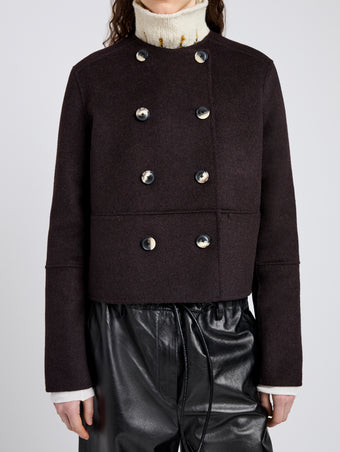 Proenza Schouler Detail image of model wearing Courtney Jacket in Double Face Wool in Hickory
