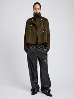 Proenza Schouler Front full length image of model wearing Courtney Jacket in Double Face Wool in Fatigue