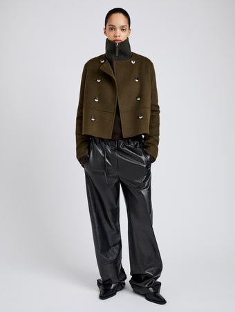 Proenza Schouler Front full length image of model wearing Courtney Jacket in Double Face Wool in Fatigue