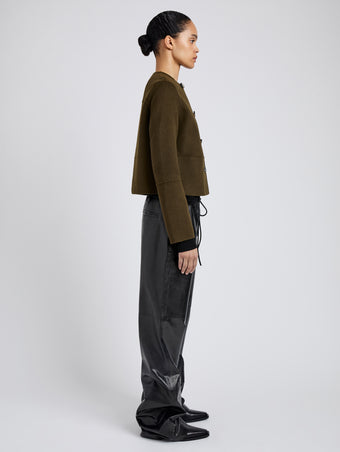 Proenza Schouler Side full length image of model wearing Courtney Jacket in Double Face Wool in Fatigue