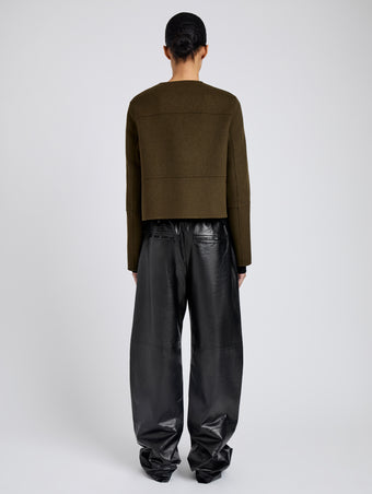 Proenza Schouler Back full length image of model wearing Courtney Jacket in Double Face Wool in Fatigue