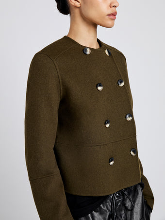 Proenza Schouler Detail image of model wearing Courtney Jacket in Double Face Wool in Fatigue