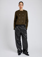 Proenza Schouler Front full length image of model wearing Courtney Jacket in Double Face Wool in Fatigue