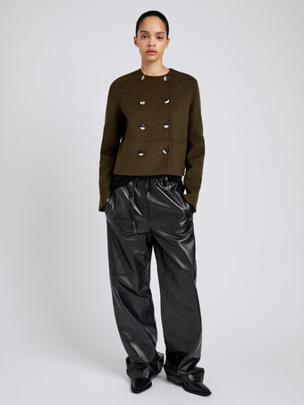 Proenza Schouler Front full length image of model wearing Courtney Jacket in Double Face Wool in Fatigue