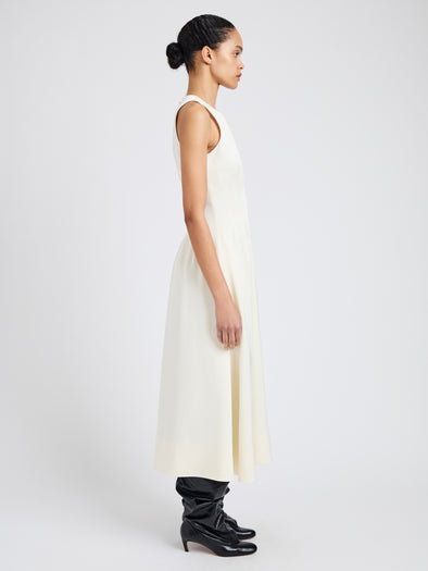 Proenza Schouler Side full length image of model wearing Bronwyn Dress in Merino Wool Twill in Bone