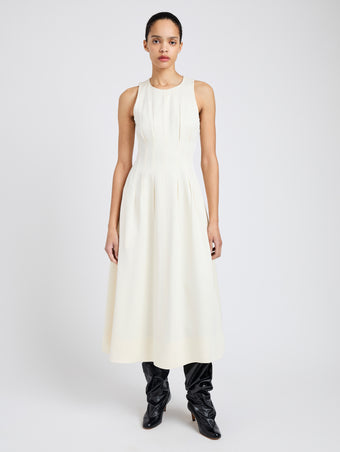 Proenza Schouler Front full length image of model wearing Bronwyn Dress in Merino Wool Twill in Bone