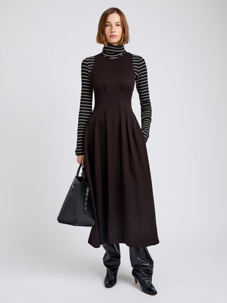 Proenza Schouler Front full length image of model wearing Bronwyn Dress in Merino Wool Twill in Chocolate