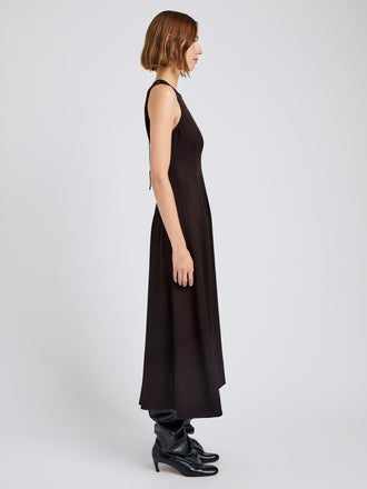 Proenza Schouler Side full length image of model wearing Bronwyn Dress in Merino Wool Twill in Chocolate