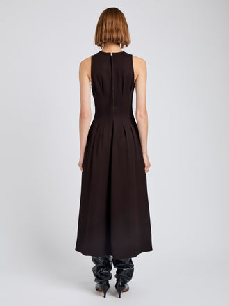 Proenza Schouler Back full length image of model wearing Bronwyn Dress in Merino Wool Twill in Chocolate