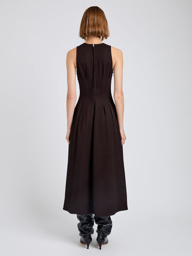 Proenza Schouler Back full length image of model wearing Bronwyn Dress in Merino Wool Twill in Chocolate