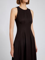 Proenza Schouler Detail image of model wearing Bronwyn Dress in Merino Wool Twill in Chocolate