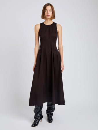 Proenza Schouler Front full length image of model wearing Bronwyn Dress in Merino Wool Twill in Chocolate