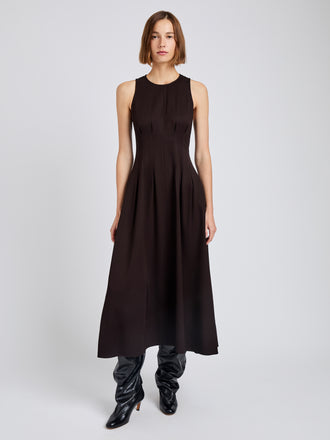 Proenza Schouler Front full length image of model wearing Bronwyn Dress in Merino Wool Twill in Chocolate