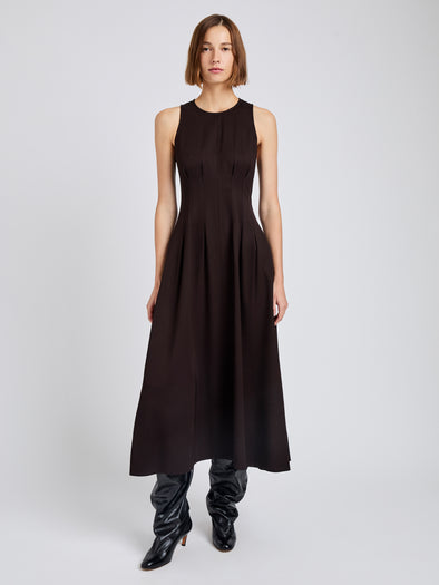 Proenza Schouler Front full length image of model wearing Bronwyn Dress in Merino Wool Twill in Chocolate