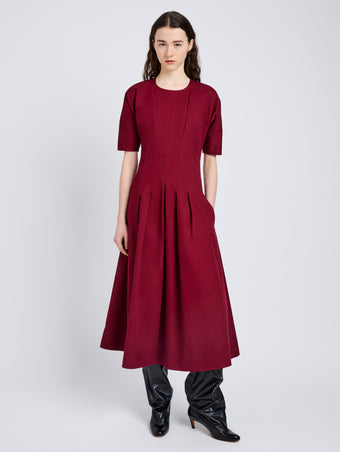 Proenza Schouler Front full length image of model wearing Ainsley Dress in Tech Cotton in Claret