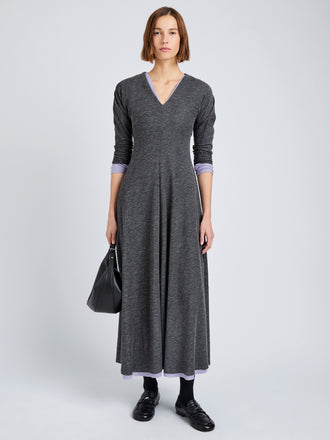 Proenza Schouler Front full length image of model wearing Livia Dress in Wool Jersey in Coal Melange