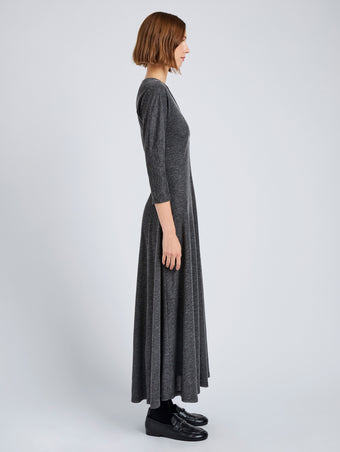 Proenza Schouler Side full length image of model wearing Livia Dress in Wool Jersey in Coal Melange