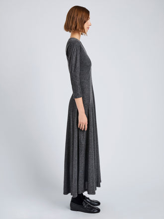 Proenza Schouler Side full length image of model wearing Livia Dress in Wool Jersey in Coal Melange
