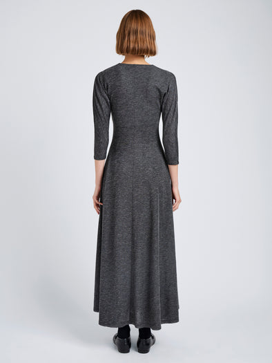 Proenza Schouler Back full length image of model wearing Livia Dress in Wool Jersey in Coal Melange