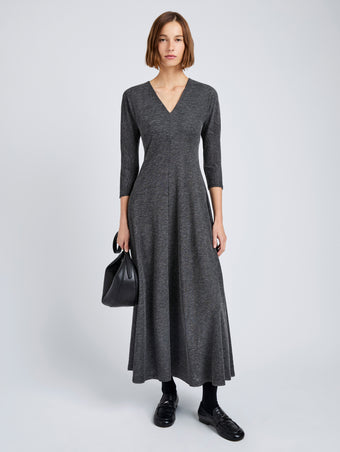 Proenza Schouler Front full length image of model wearing Livia Dress in Wool Jersey in Coal Melange