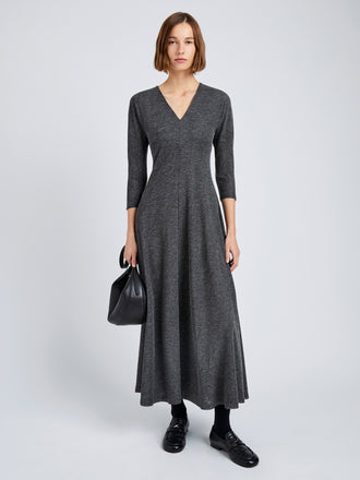 Proenza Schouler Front full length image of model wearing Livia Dress in Wool Jersey in Coal Melange