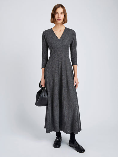 Proenza Schouler Front full length image of model wearing Livia Dress in Wool Jersey in Coal Melange