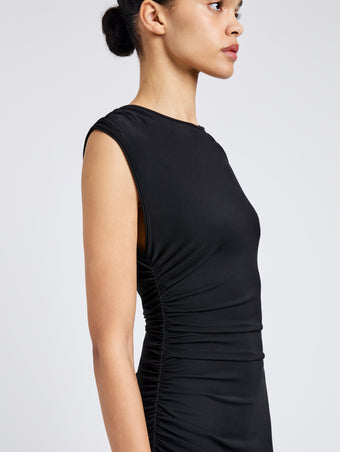 Proenza Schouler Detail image of model wearing Mimi Dress in Crepe Jersey in Black