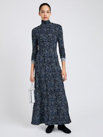 Proenza Schouler Front full length image of model wearing Mabel Dress in Cheetah Jersey in Navy Multi