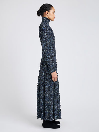 Proenza Schouler Side full length image of model wearing Mabel Dress in Cheetah Jersey in Navy Multi