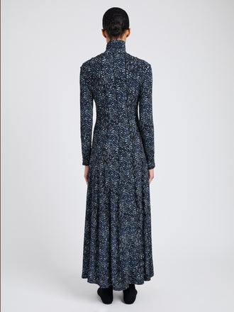 Proenza Schouler Back full length image of model wearing Mabel Dress in Cheetah Jersey in Navy Multi