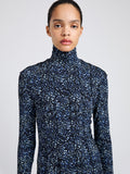 Proenza Schouler Detail image of model wearing Mabel Dress in Cheetah Jersey in Navy Multi