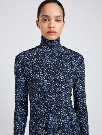 Proenza Schouler Detail image of model wearing Mabel Dress in Cheetah Jersey in Navy Multi