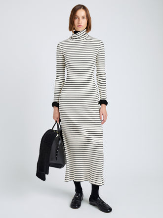 Proenza Schouler Front full length image of model wearing Frances Dress in Stripe Rib in Ecru, black