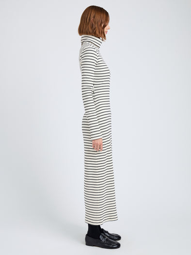 Proenza Schouler Side full length image of model wearing Frances Dress in Stripe Rib in Ecru, black