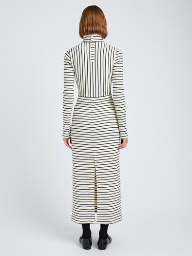 Proenza Schouler Side Back length image of model wearing Frances Dress in Stripe Rib in Ecru, black