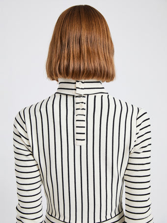 Proenza Schouler Detail image of model wearing Frances Dress in Stripe Rib in Ecru, black