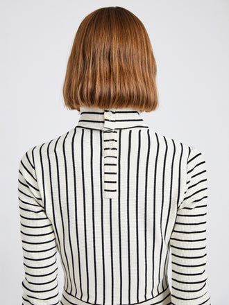 Proenza Schouler Detail image of model wearing Frances Dress in Stripe Rib in Ecru, black