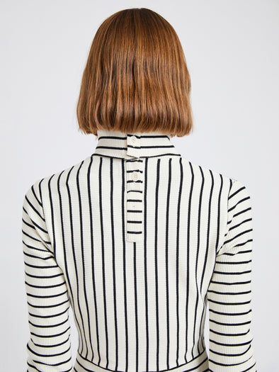 Proenza Schouler Detail image of model wearing Frances Dress in Stripe Rib in Ecru, black